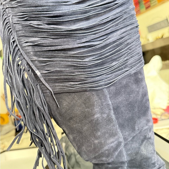 Paloma Barcelo Navy Wedge Boots with Fringe - Picture 9 of 11